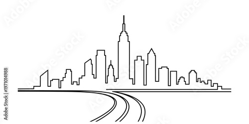 A minimalist black and white line art illustration showing a scenic city skyline and a roadway Vector, illustration