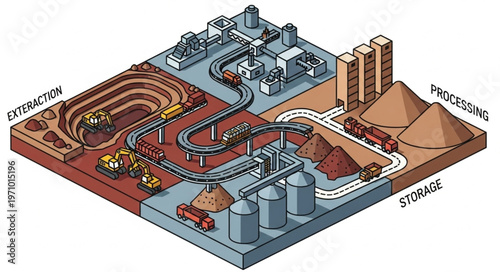 Isometric Illustration of a Mining and Processing Plant.