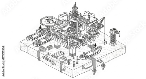 Isometric Illustration of a Complex Industrial Structure with Intricate Details.
