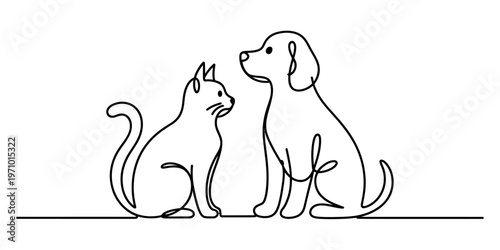 Minimalist continuous line drawing depicting a friendly dog and cat sitting together side by side Vector, illustration