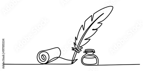 A continuous line drawing featuring a classic quill pen, an inkwell, and a rolled parchment paper. Vector, illustration