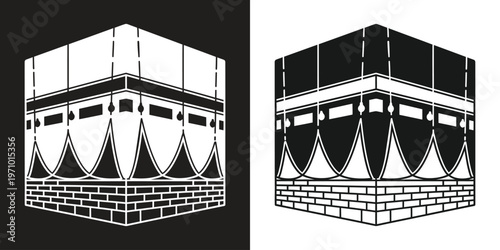 Sacred Kaaba Sharif Icon, Black and White Illustration, Islamic Architecture, Spiritual and Religious Symbol, Minimalist Design.