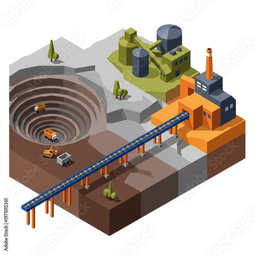 Isometric Illustration of a Mining Operation with Conveyor Belt.