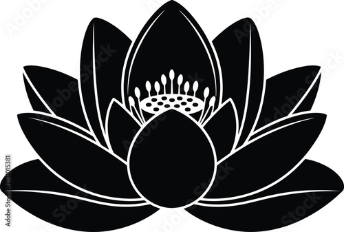 Symmetrical lotus flower silhouette with stamen and layered petals.