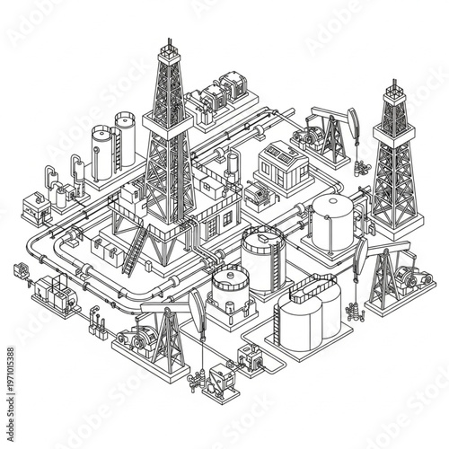 Isometric Illustration of an Industrial Plant with Towers and Tanks.
