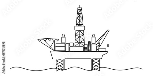 Obraz na plátně A simple black and white line art illustration of an offshore oil rig platform o