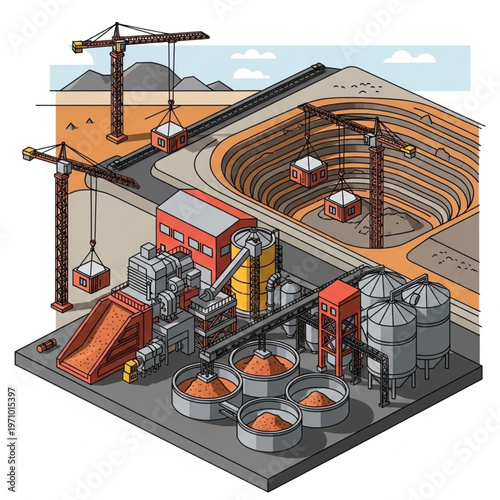 Isometric Illustration of a Mining Operation with Cranes and Processing Plant.