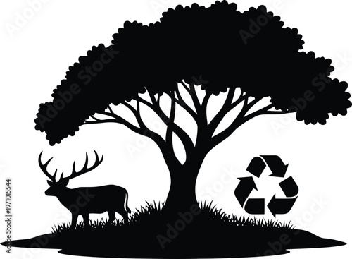 Black silhouette of a deer under a large tree with a recycling symbol, representing nature conservation.