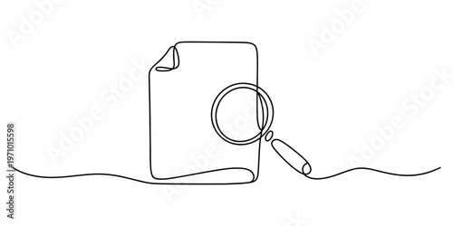 A single continuous line drawing of a document sheet being inspected with a magnifying glass tool. Vector, illustration