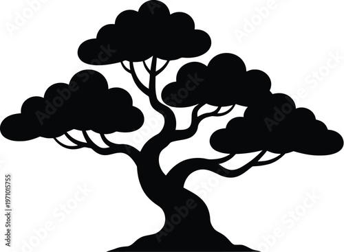 Black silhouette of a stylized bonsai tree with cloud-like foliage and a twisted trunk.