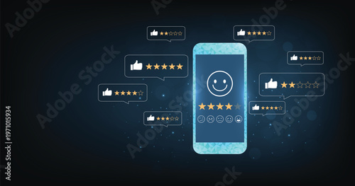 Customer Review on Smartphone Concept.User feedback icon on smartphone. Online review sign on a dark blue background. 