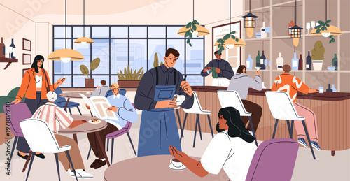 Restaurant interior with people sitting at the tables. Visitors make orders from waiter. Barista is at the bar counter of cafe. Customers eat, friends meet in coffeehouse. Flat vector illustration