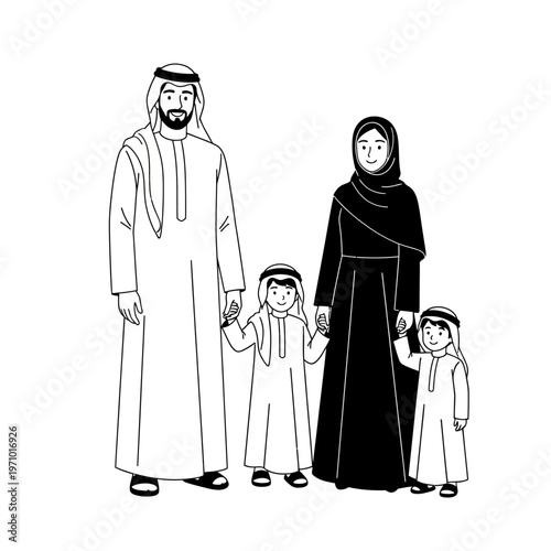 Arabian family in traditional clothing standing.