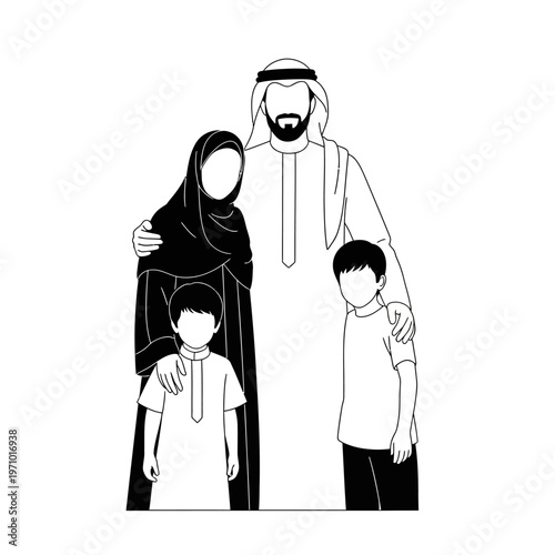 Arabian family in traditional clothing standing.