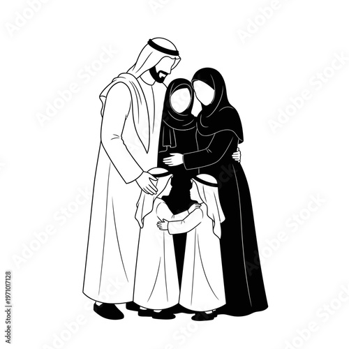 Muslim family in traditional clothing standing.