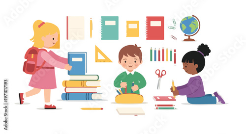 A diverse group of young children interact with various school supplies like notebooks, pencils, and a globe in a cheerful vector illustration.