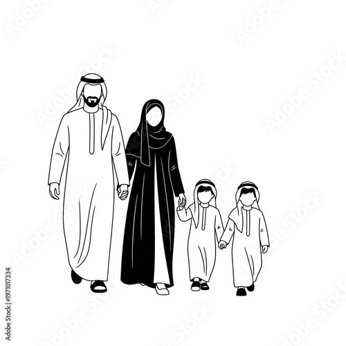 Arabian family in traditional clothing walking.