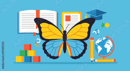 A colorful arrangement of geometric shapes on a blue background, conveying a sense of modernity and minimalism, suitable for design and creative proje