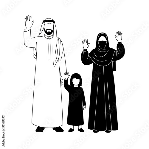 Arabian family in traditional clothing standing.