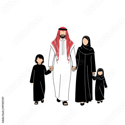 Arabian family in traditional clothing standing.