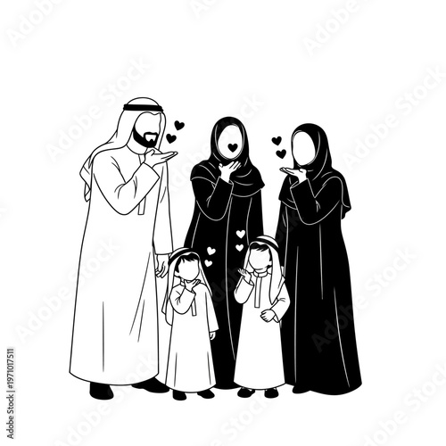 Muslim family in traditional clothing standing.