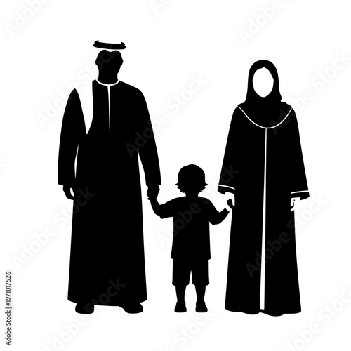 Silhouette of Muslim Family Holding Hands.
