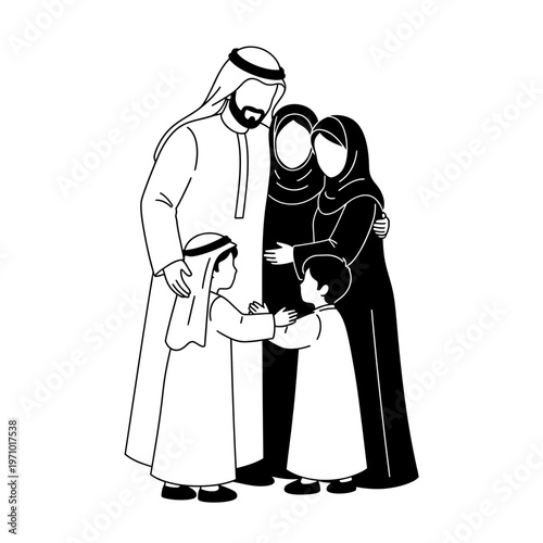 Arab family in traditional clothing standing.