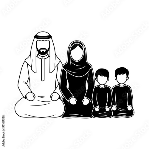 Muslim family sitting together on floor.