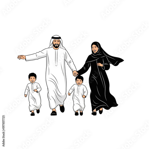 Arabian Family Walking Together Outdoors.