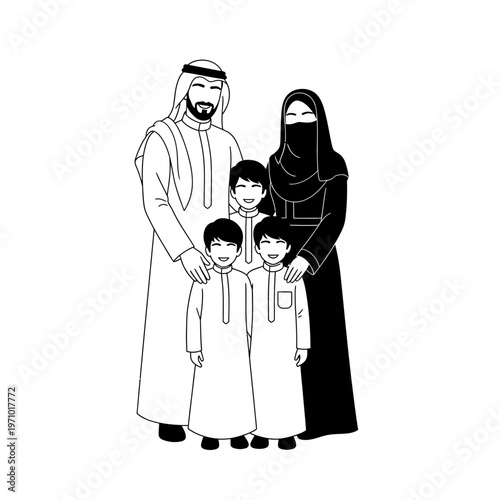 Arabian family in traditional clothing standing.