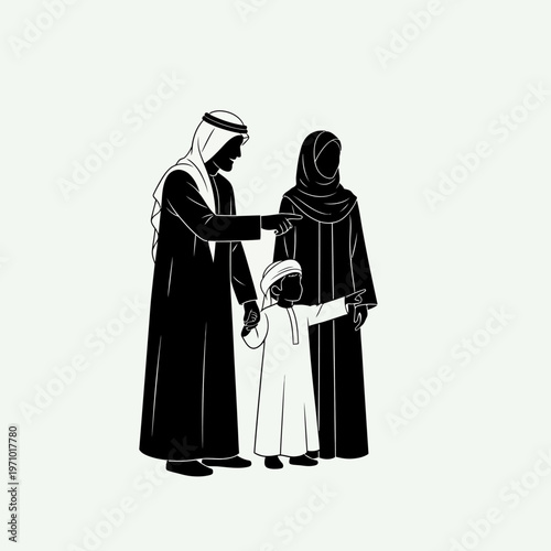 Arabian family in traditional clothing standing.