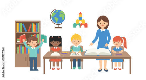 This colorful flat vector illustration depicts a classroom scene where a teacher instructs several young children engaged in learning activities.