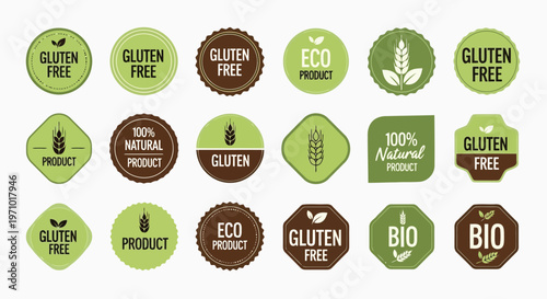 Collection of various eco-friendly and dietary product labels and icons