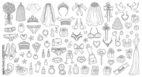 Collection of various jewelry and accessories, black and white illustrations.