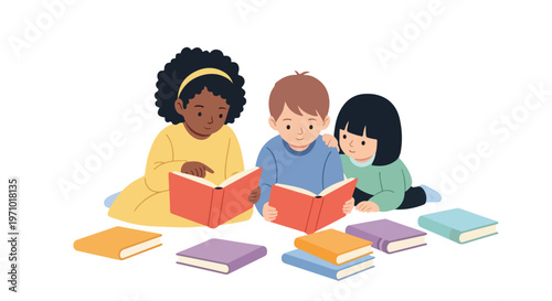 Three diverse children sit together on the floor, reading books with more books scattered around them in a clean, colorful vector illustration.