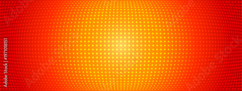 Red LED screen bg with yellow radial gradient glow. Circle dot pixels, specks, glitter on panel texture. Vector grid pattern. Stage backdrop for concert show tv display.