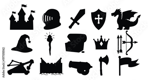Medieval Fantasy Silhouette Icon Set — Castle, Knight, Dragon, Sword, Shield, Crown, Cannon, Catapult Black Vector Icons