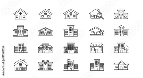 Collection of diverse architectural house designs in simple line drawings