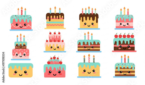 Cute birthday cake vector set with candles colorful cartoon cakes for kids celebration