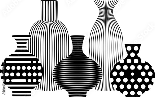 Collection of Black and White Vases with Striped and Polka Dot Patterns pottery ceramic