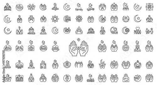 Collection of various religious symbols and icons in black and white.