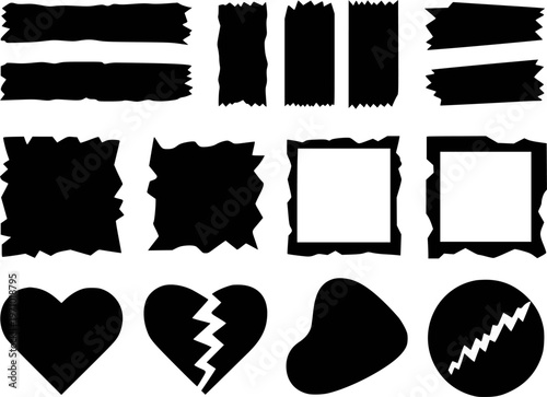 Collection of Black Silhouettes Torn Paper Shapes Heart Broken Circle Abstract Forms