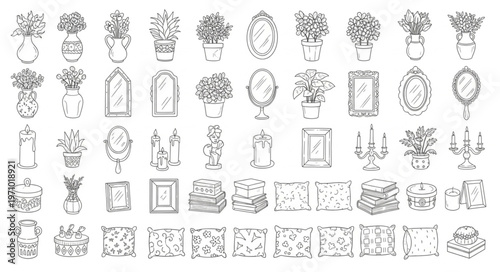 Collection of various sketched floral arrangements and decorative elements.