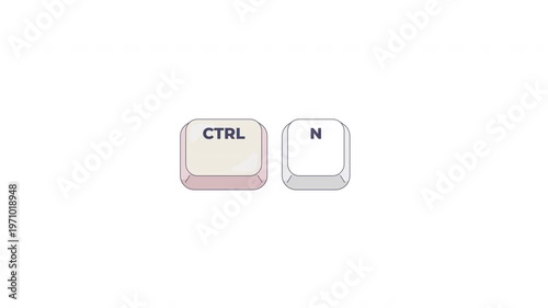 Ctrl N letter keyboard shortcut keys animation. Create new document. System command creation. Project start. Animated hotkey combo buttons click for pc, laptop. 4K video. Computer press action