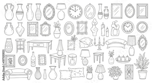 Collection of various sketched home decor elements and objects.