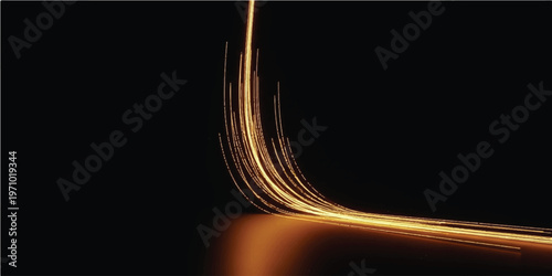 Golden light streaks curving downward against a solid black background creating a sense of motion and speed with glowing lines trailing across the dark surface