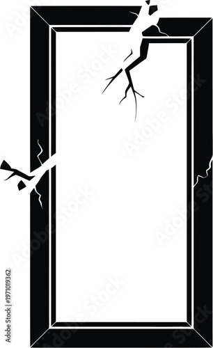 Broken vertical picture frame with cracked glass and splintered wood, depicting damage, decay, and destruction concept.