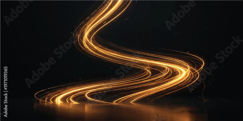 Golden light trails forming a flowing wavy path against a solid black background with long exposure motion blur effect and glowing streaks of amber illumination