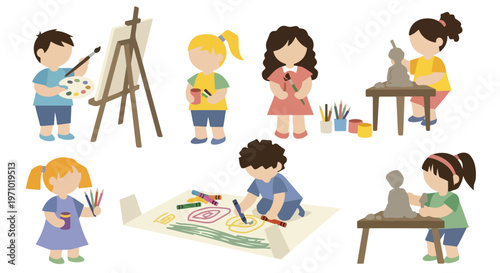 Flat vector illustration of several faceless children engaged in creative art activities like painting, drawing, and sculpting on a white background.