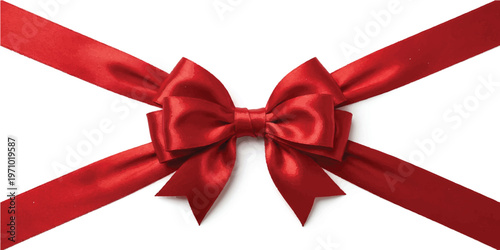 Shiny red satin ribbon tied in a decorative bow positioned diagonally across a plain white background surface with soft shadows and smooth fabric texture